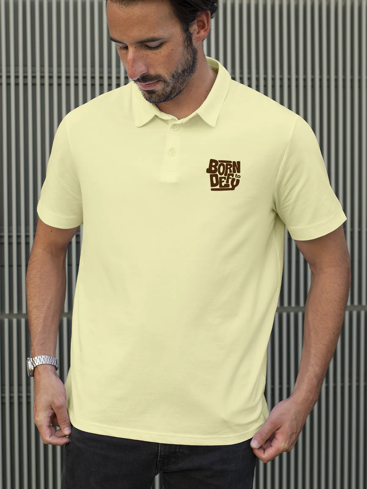 Model wearing Men's Yellow Polo T-shirt with Born To Defy, offering effortless style and premium comfort