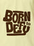 Close up of 'Born To Defy' design on Men's Yellow Polo T-shirt, highlighting intricate details and vibrant print.