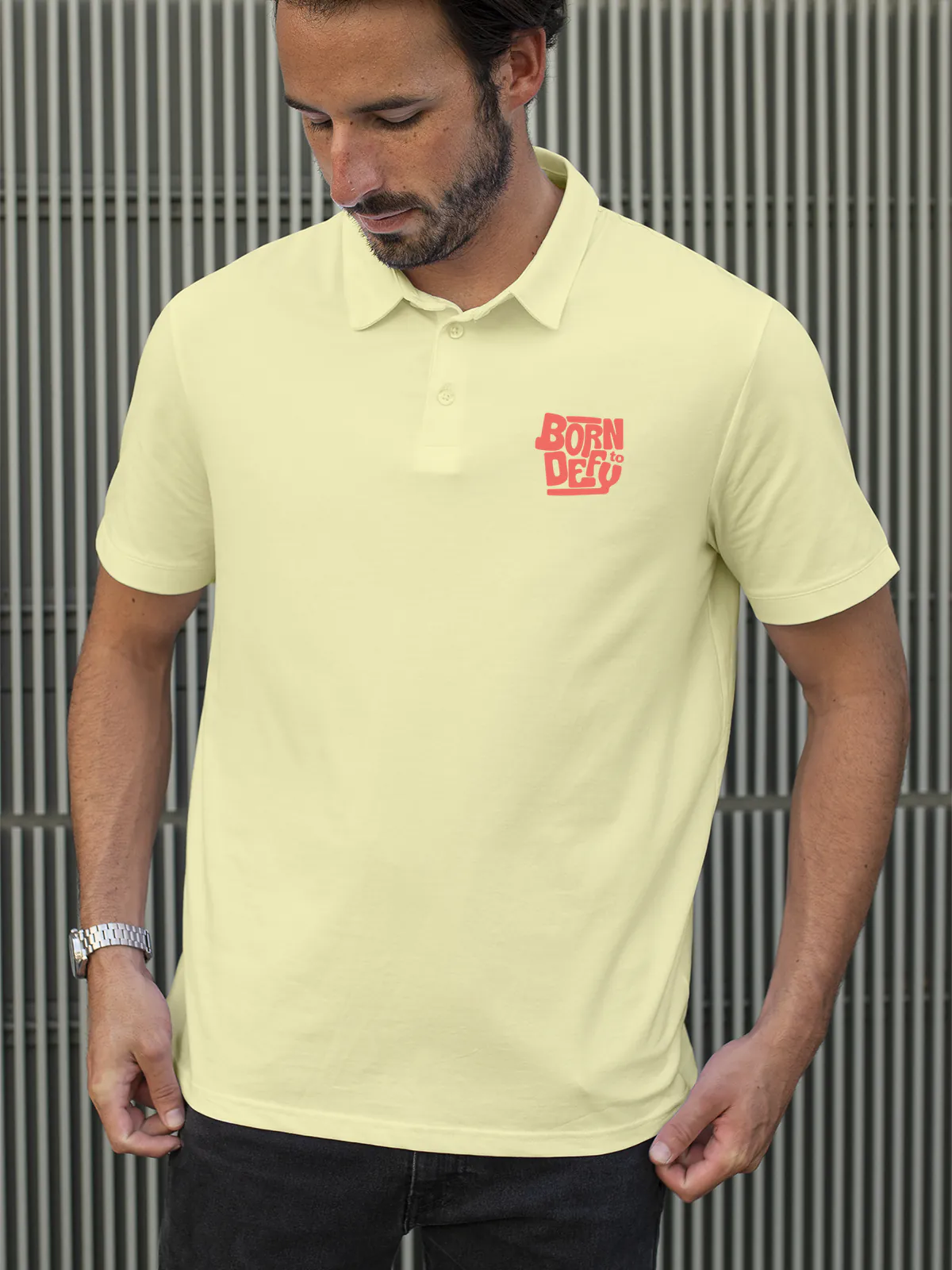 Model wearing Men's Yellow Polo T-shirt with Born To Defy, offering effortless style and premium comfort