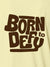 Close up of 'Born To Defy' design on Women's Yellow Polo T-shirt, highlighting intricate details and vibrant print.