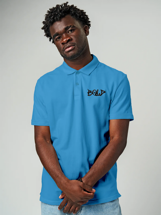 Model wearing Men's Blue Polo T-shirt with Bold, offering effortless style and premium comfort