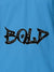 Close up of 'Bold' on Men's Blue Polo T-shirt, highlighting intricate details and vibrant print.