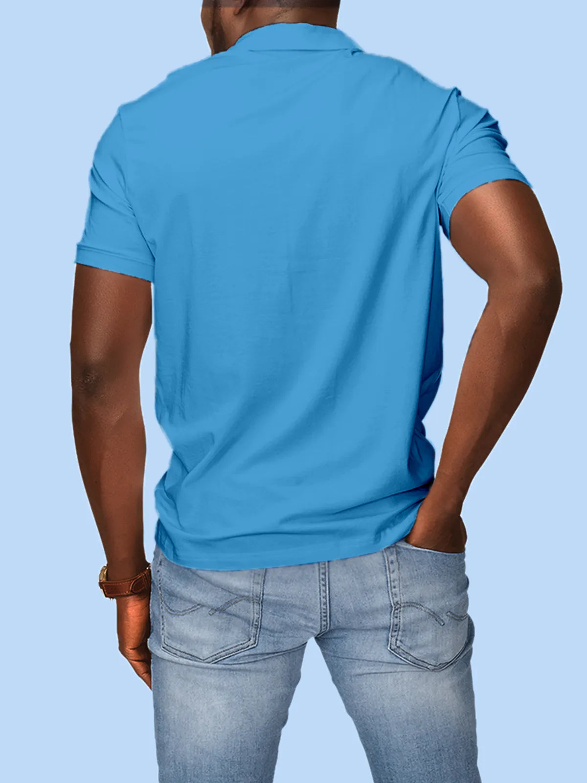 Back view of Fighterhero Men's Blue Polo T-shirt, highlighting the modern look and clean finish