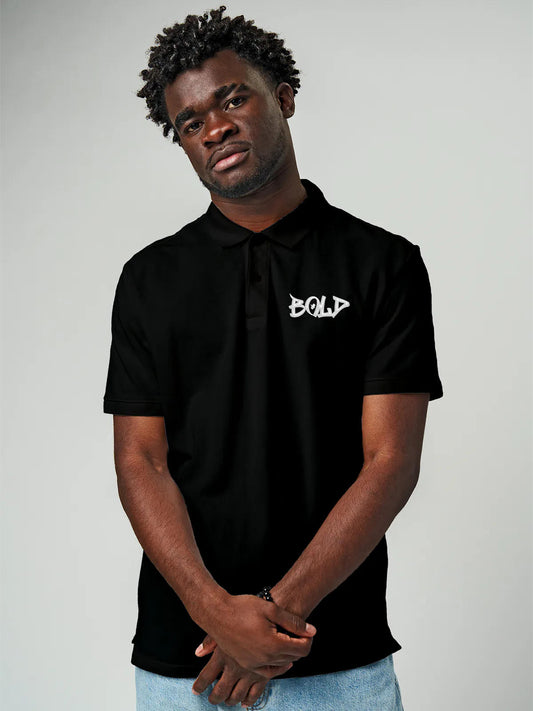 Model wearing Men's Black Polo T-shirt with Bold, offering effortless style and premium comfort