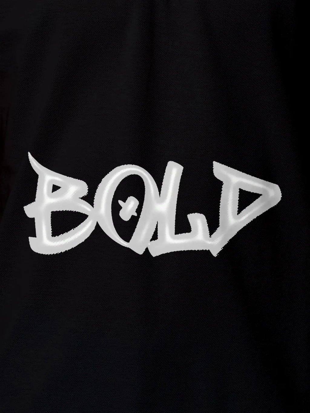 Close up of 'Bold' on Men's Black Polo T-shirt, highlighting intricate details and vibrant print.