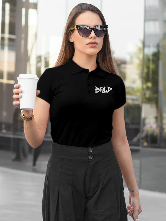 Model wearing Women's Black Polo T-shirt with Bold, offering effortless style and premium comfort
