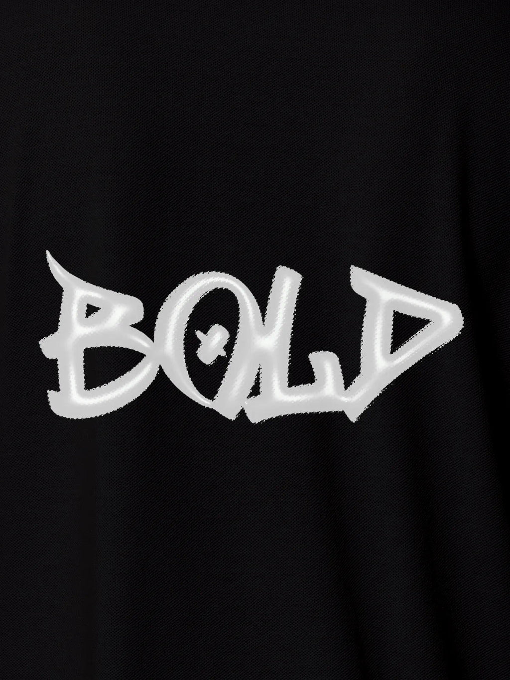 Close up of 'Bold' on Women's Black Polo T-shirt, highlighting intricate details and vibrant print.