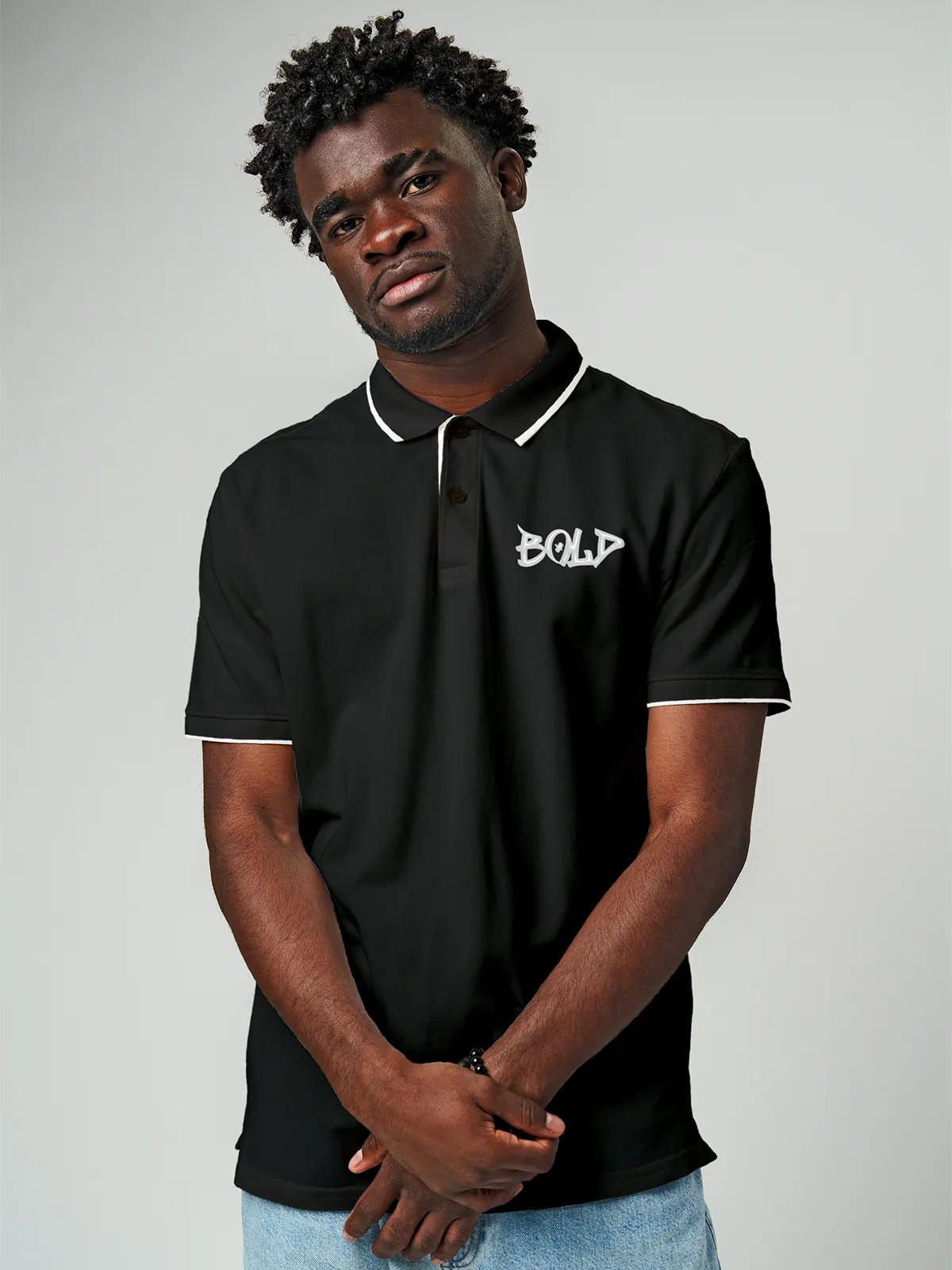 Model wearing Men's Dark Grey Polo T-shirt with Bold, offering effortless style and premium comfort