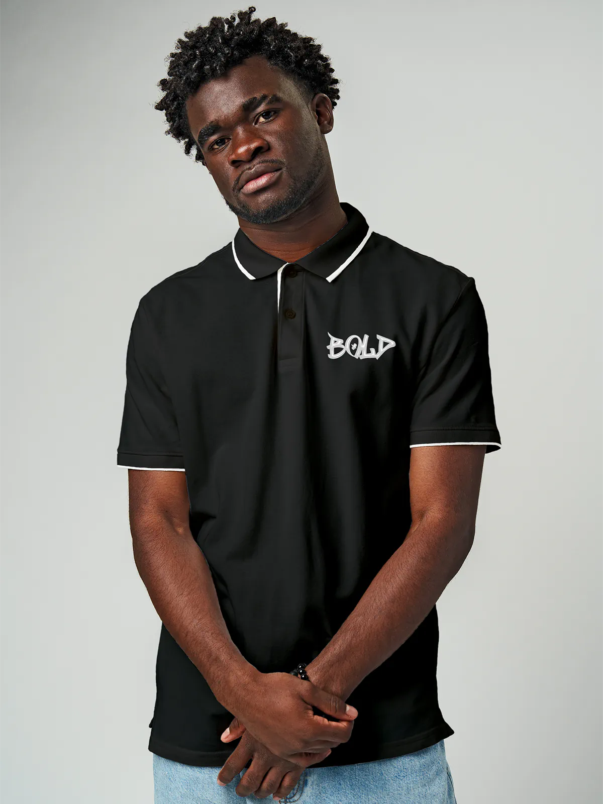 Model wearing Men's Dark Grey Polo T-shirt with Bold, offering effortless style and premium comfort