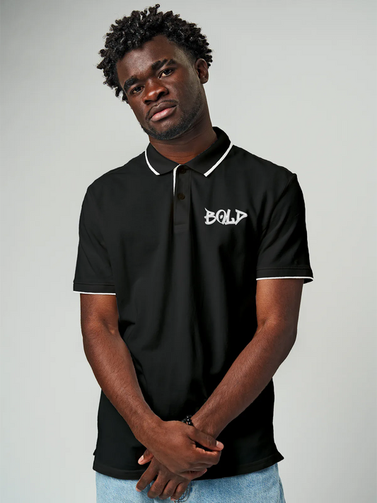 Model wearing Men's Dark Grey Polo T-shirt with Bold, offering effortless style and premium comfort