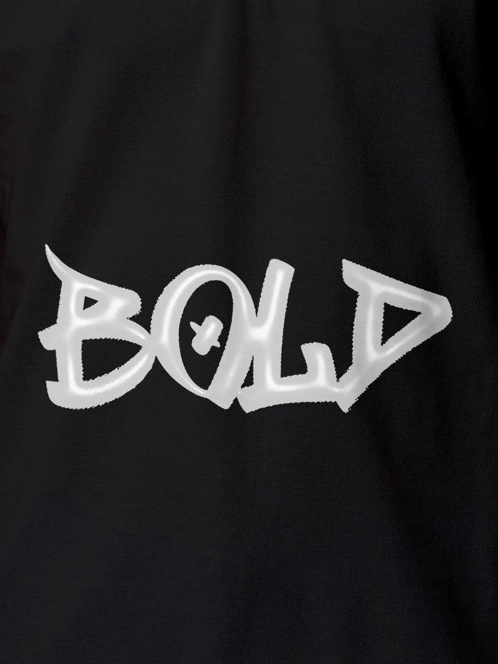 Close up of 'Bold' on Men's Dark Grey Polo T-shirt, highlighting intricate details and vibrant print.