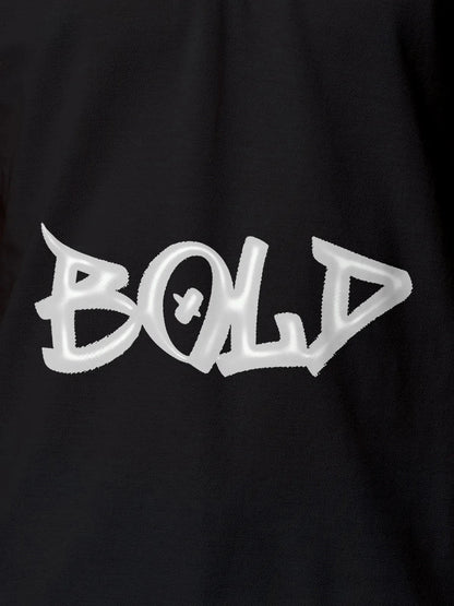 Close up of 'Bold' on Men's Dark Grey Polo T-shirt, highlighting intricate details and vibrant print.