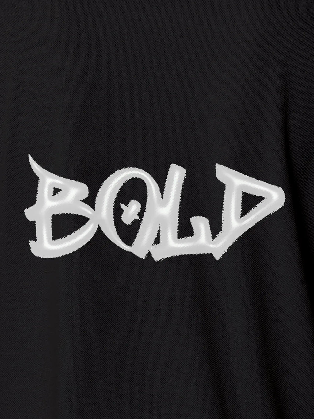 Close up of 'Bold' on Women's Dark Grey Polo T-shirt, highlighting intricate details and vibrant print.