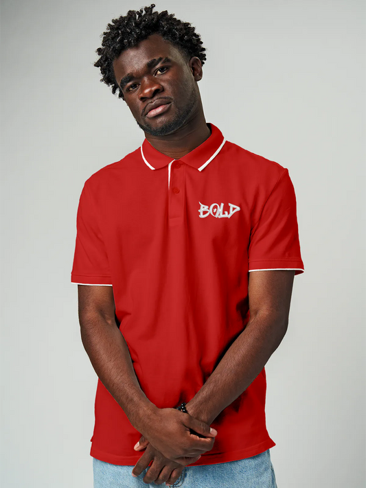 Model wearing Men's Red Polo T-shirt with Bold, offering effortless style and premium comfort