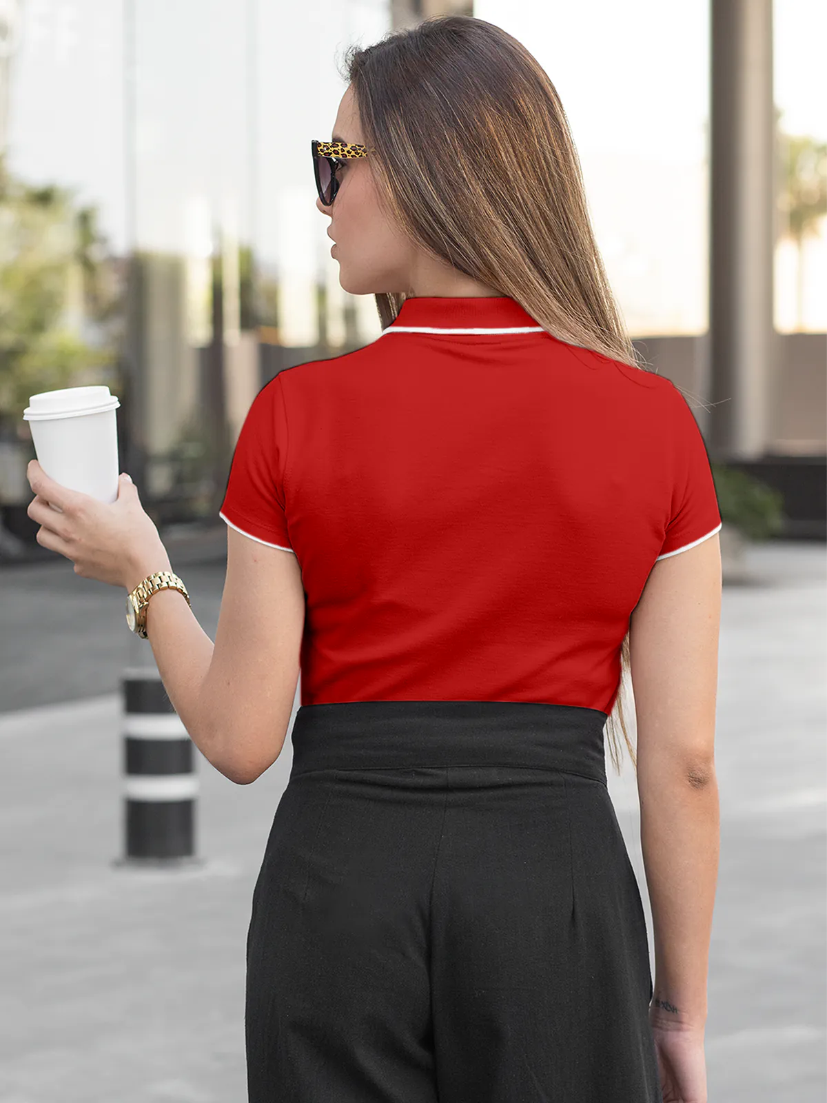 Back view of Fighterhero Women's Red Polo T-shirt, highlighting the modern look and clean finish