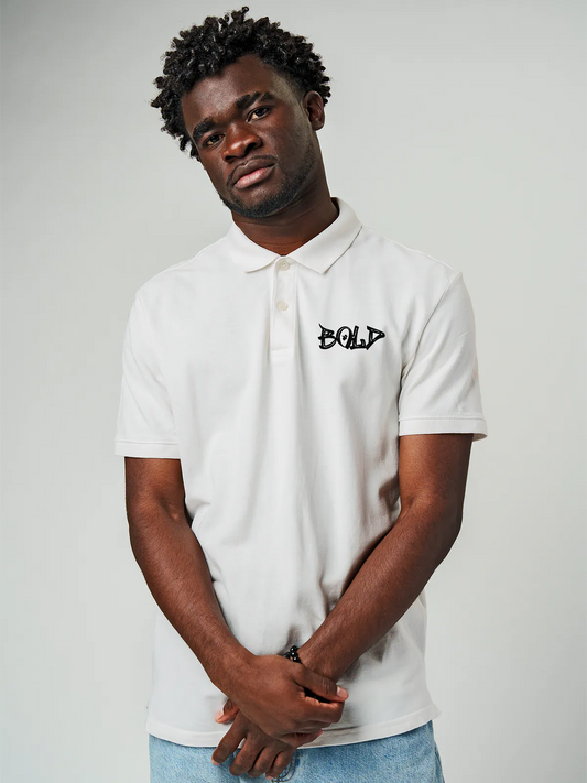 Model wearing Men's White Polo T-shirt with Bold, offering effortless style and premium comfort