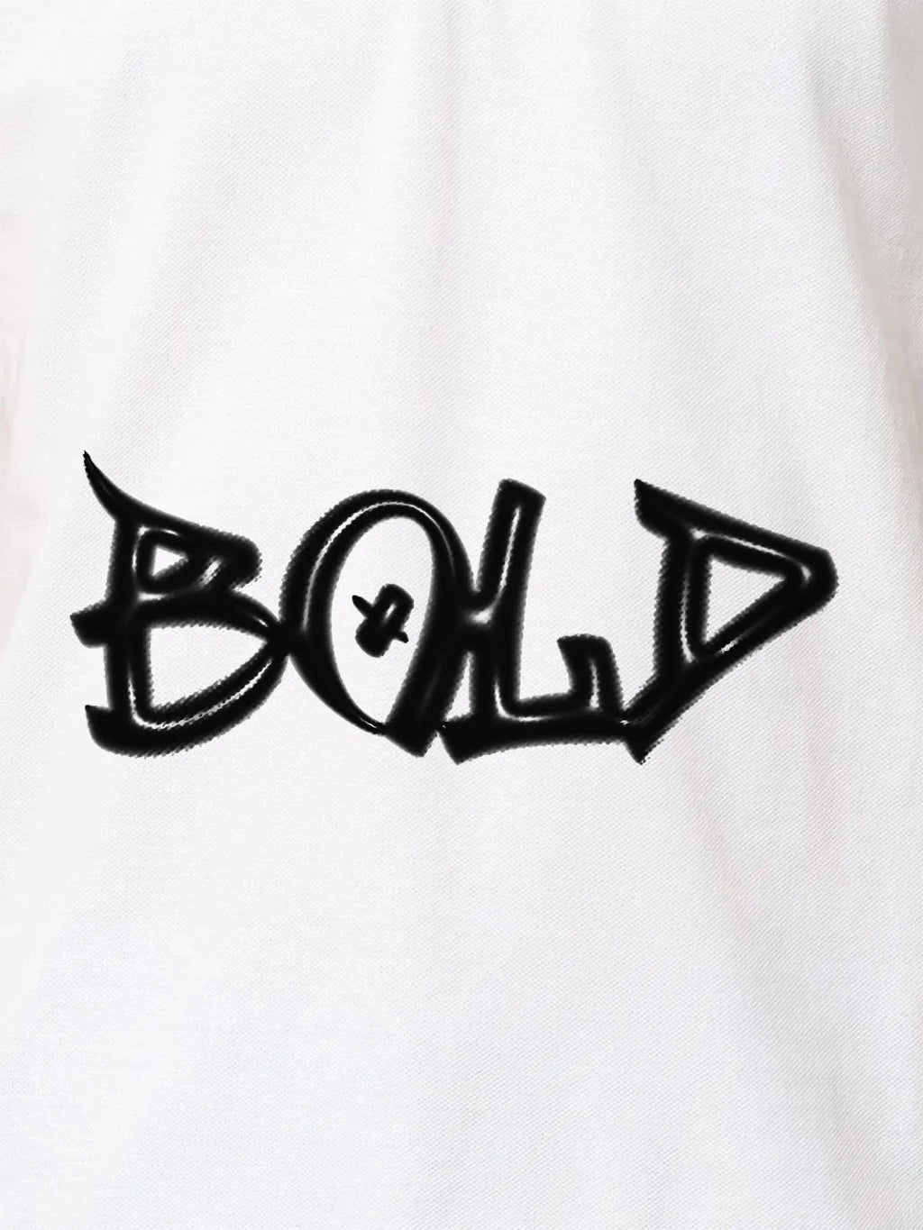 Close up of 'Bold' on Men's White Polo T-shirt, highlighting intricate details and vibrant print.