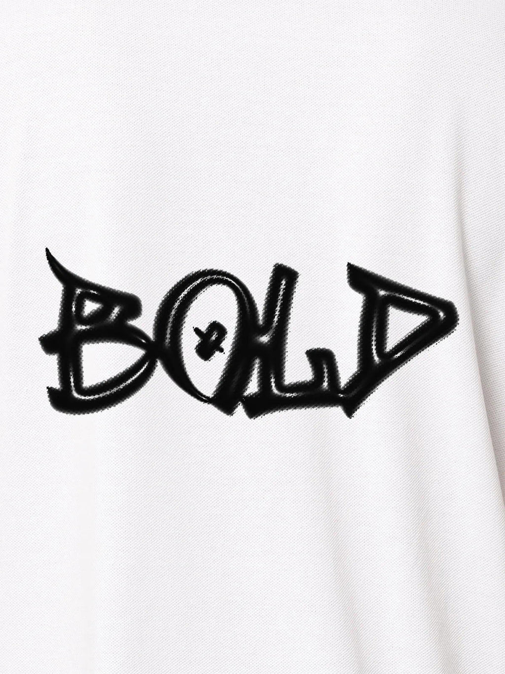 Close up of 'Bold' on Women's White Polo T-shirt, highlighting intricate details and vibrant print.