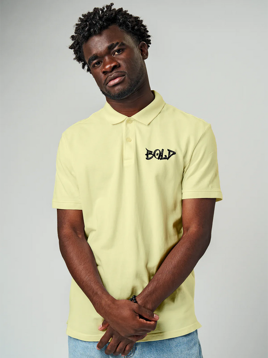 Model wearing Men's Yellow Polo T-shirt with Bold, offering effortless style and premium comfort