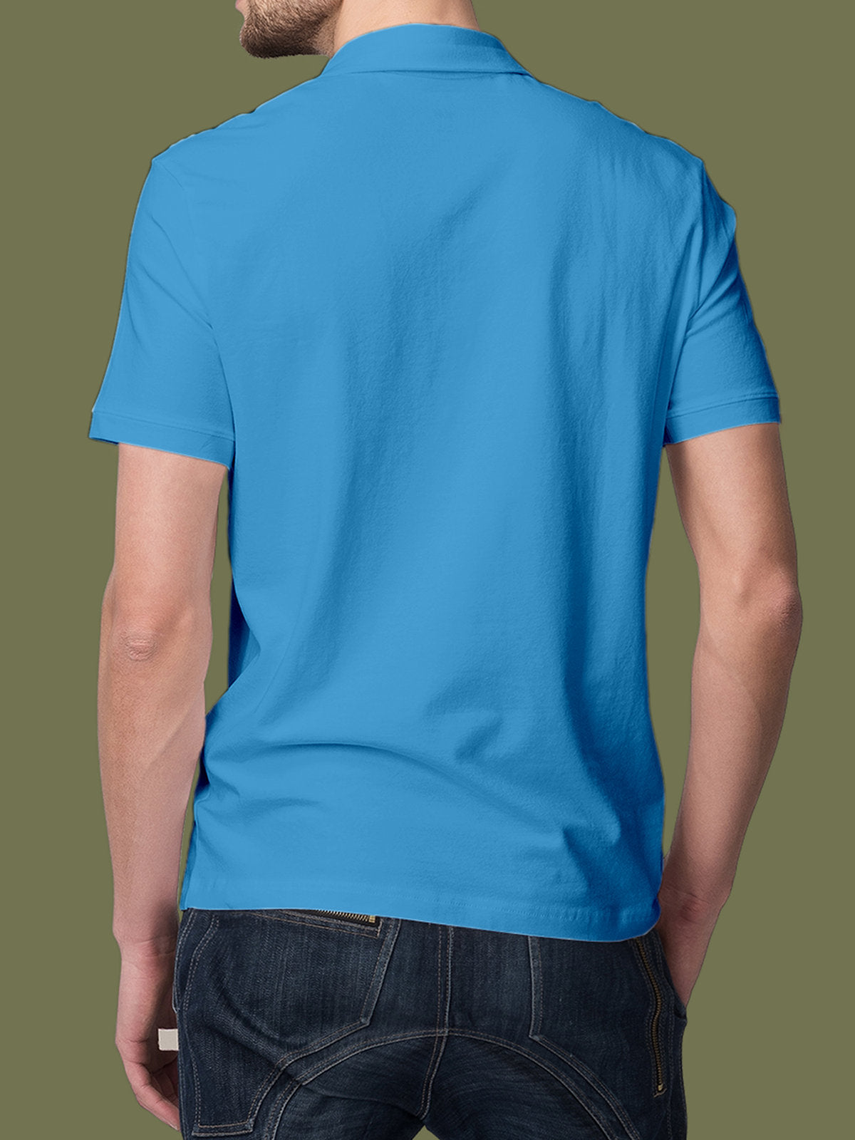 Back view of Fighterhero Men's Blue Polo T-shirt, highlighting the modern look and clean finish