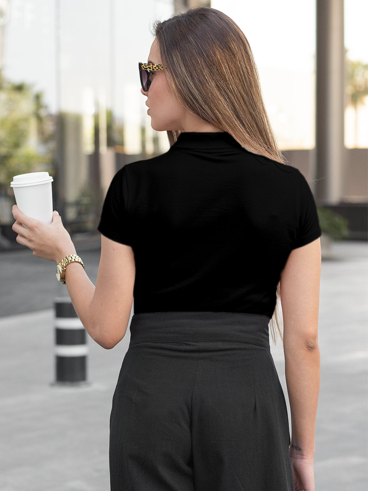 Back view of Fighterhero Women's Black Polo T-shirt, highlighting the modern look and clean finish