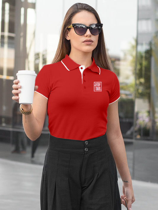 Fighterhero Polos: Model wearing Women's Red Polo T-shirt with 'Stay True' design