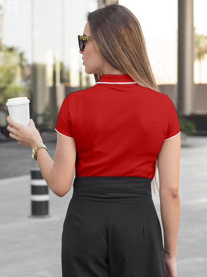 Back view of Fighterhero Women's Red Polo T-shirt, highlighting the modern look and clean finish