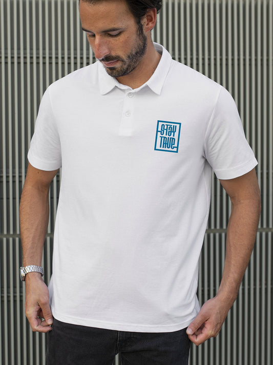 Fighterhero Polos: Model wearing Men's White Polo T-shirt with 'Stay True' design