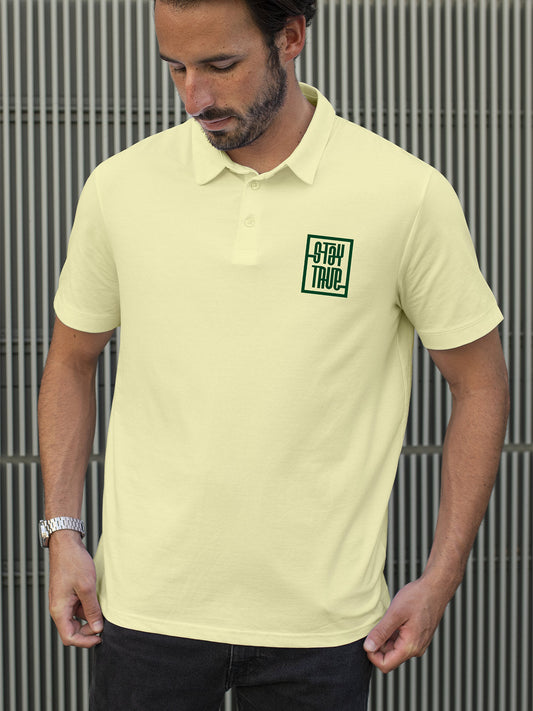 Fighterhero Polos: Model wearing Men's Yellow Polo T-shirt with 'Stay True' design