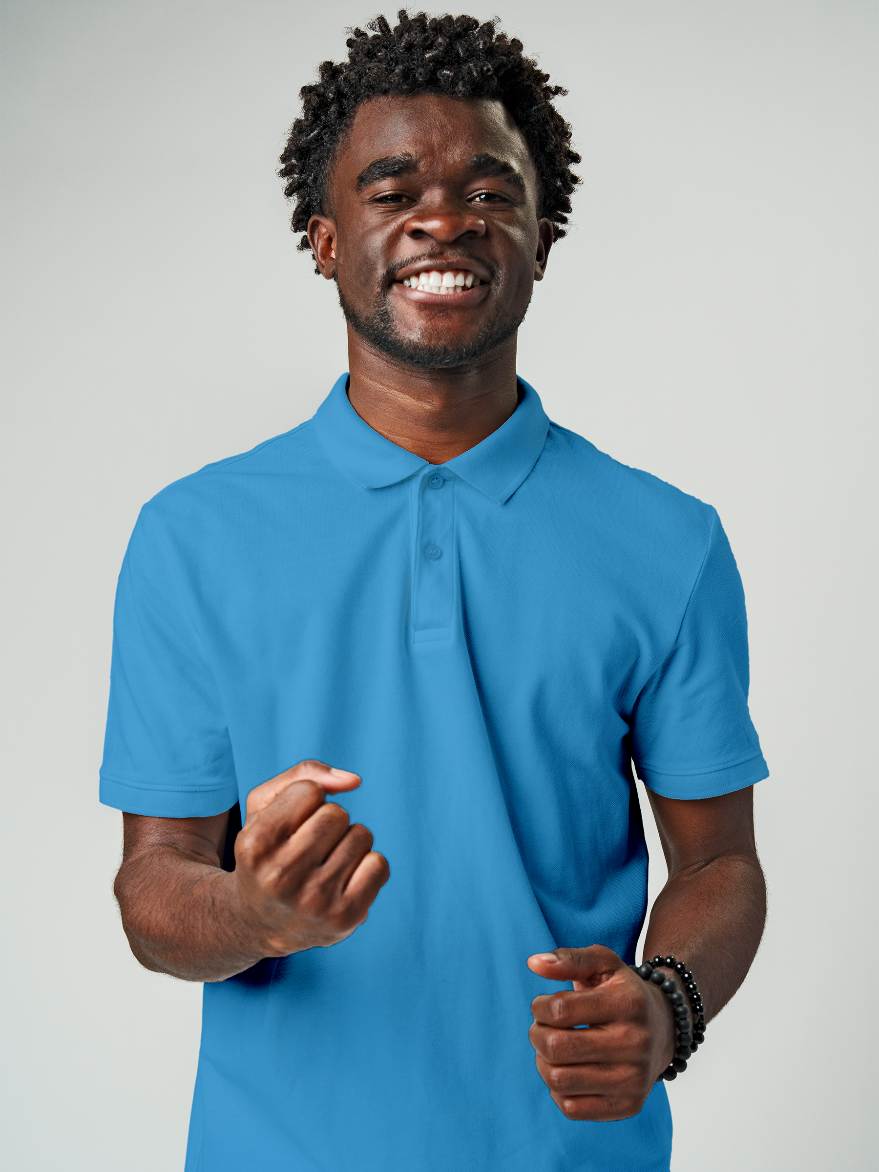 Close up of Men's Plain Solid Blue Polo T-shirt, showing intricate details and texture