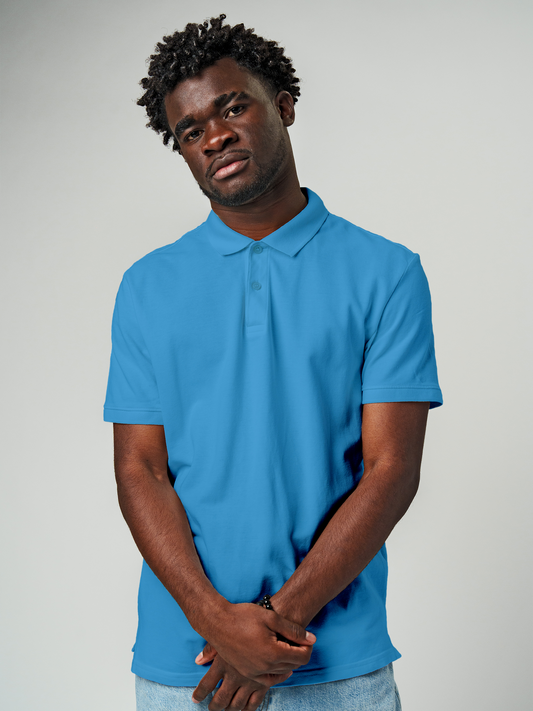 Model wearing Men's Plain Solid Blue Polo T-shirt, offering effortless style and premium comfort