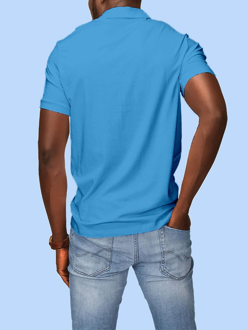 Back view of Fighterhero Men's Blue Polo T-shirt, highlighting the modern look and clean finish