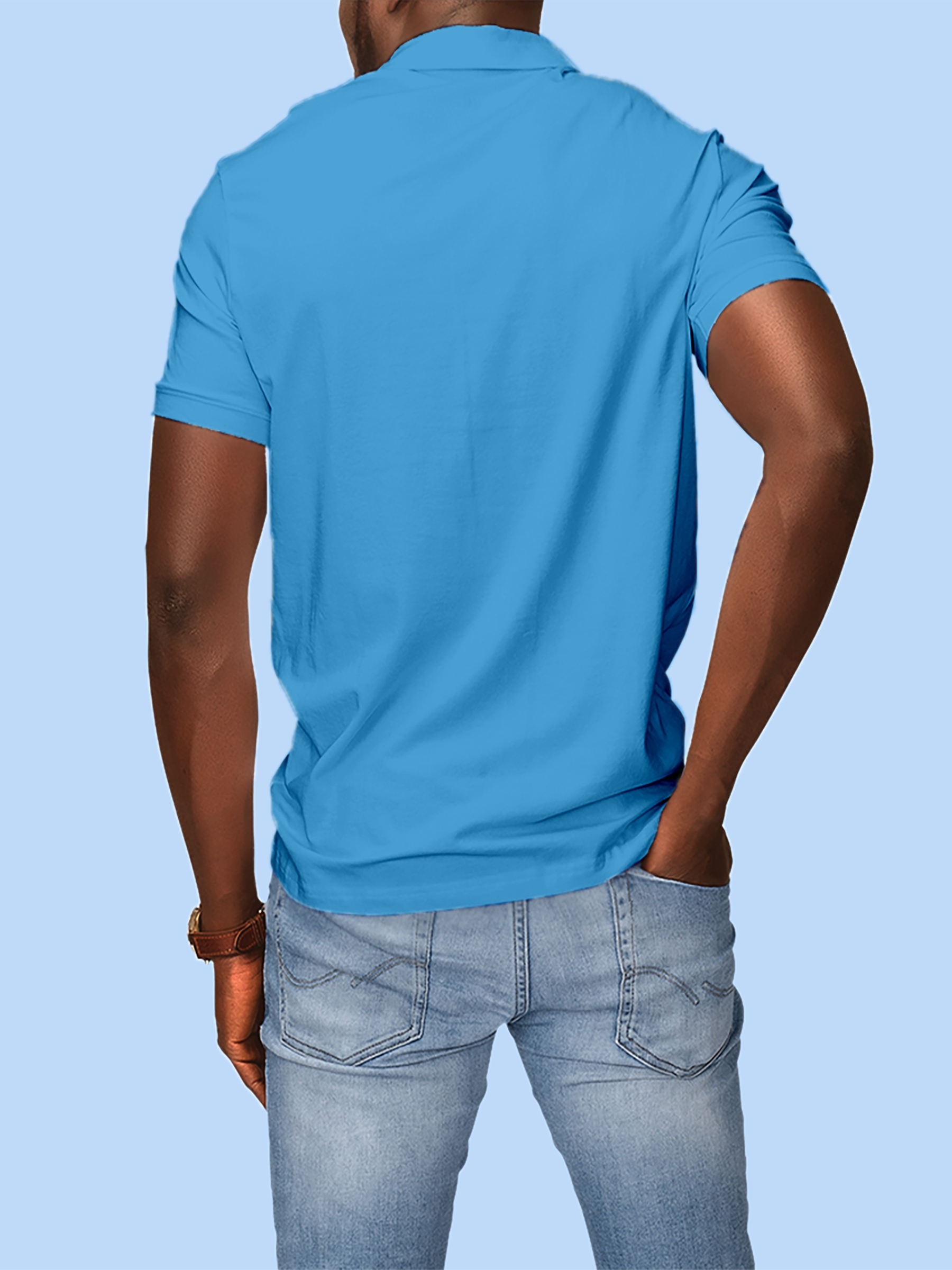Back view of Men's Plain Solid Blue Polo T-shirt, highlighting the modern look and clean finish