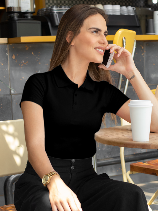 Model wearing Women's Plain Solid Black Polo T-shirt, offering effortless style and premium comfort