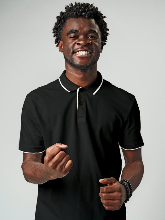 Model wearing Men's Plain Solid Dark Grey Polo T-shirt, offering effortless style and premium comfort