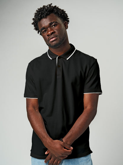 Close up of Men's Plain Solid Dark Grey Polo T-shirt, showing intricate details and texture