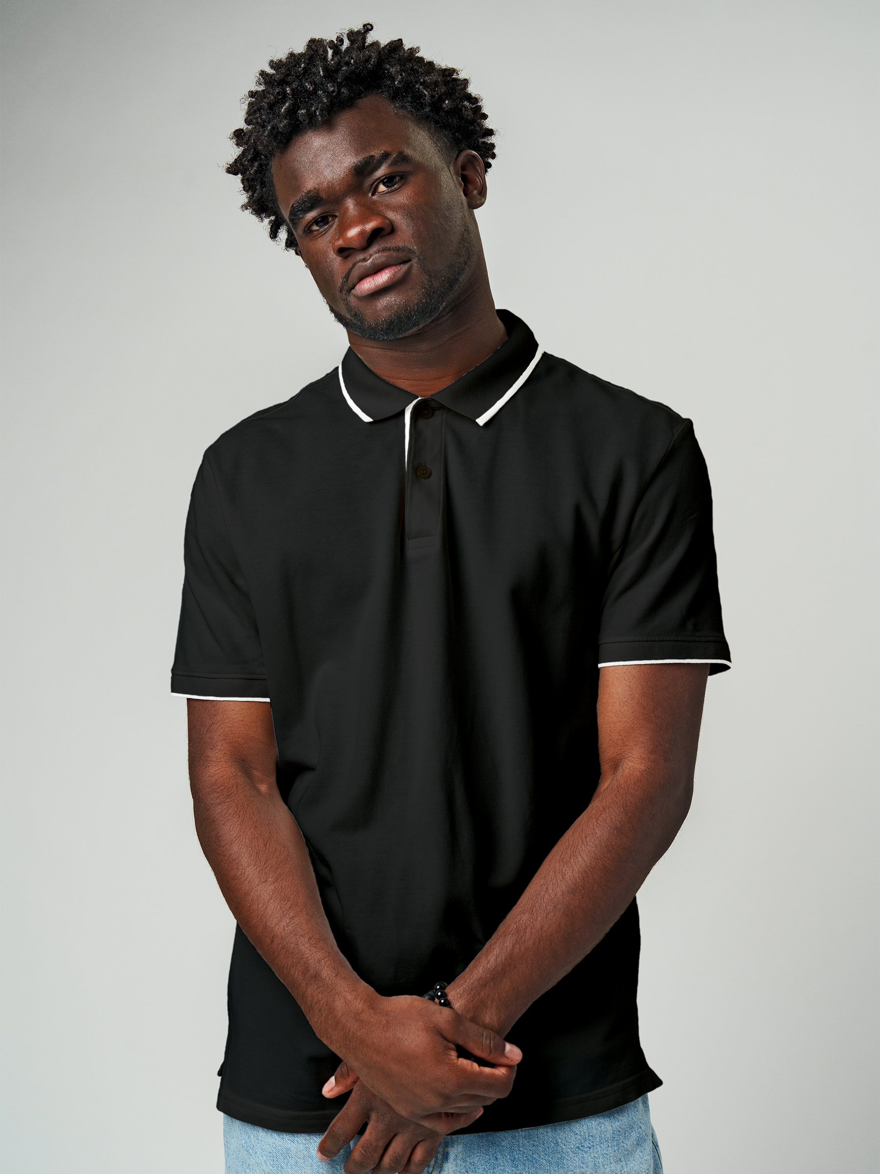 Model wearing Men's Plain Solid Charcoal Grey Polo T-shirt, offering effortless style and premium comfort