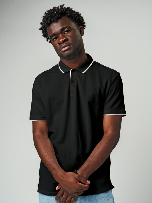 Model wearing Men's Plain Solid Charcoal Grey Polo T-shirt, offering effortless style and premium comfort