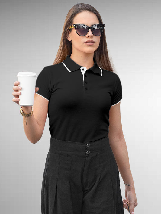 Model wearing Women's Plain Solid Dark Grey Polo T-shirt, offering effortless style and premium comfort