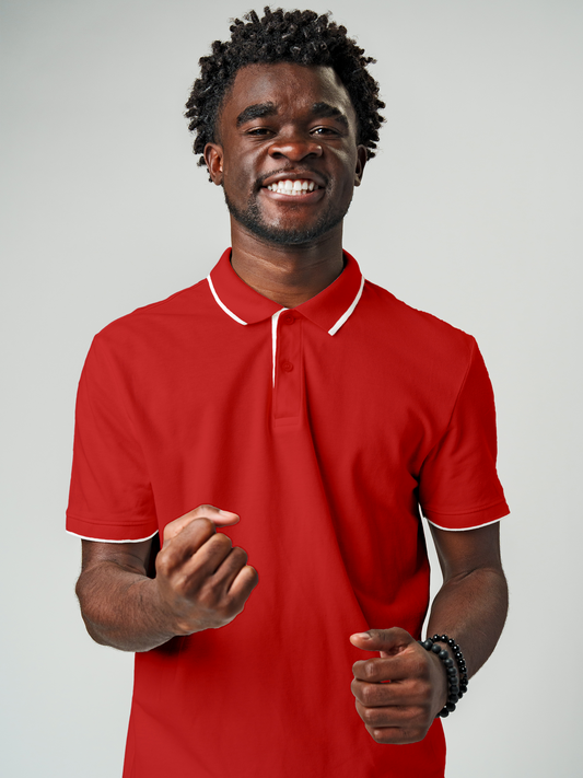 Model wearing Men's Plain Solid Red Polo T-shirt, offering effortless style and premium comfort