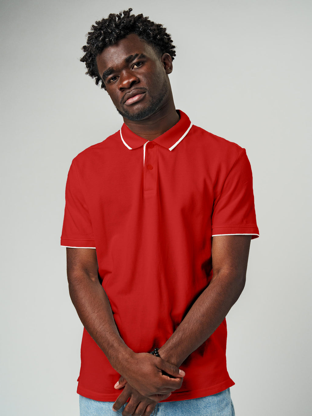 Close up of Men's Plain Solid Red Polo T-shirt, showing intricate details and texture