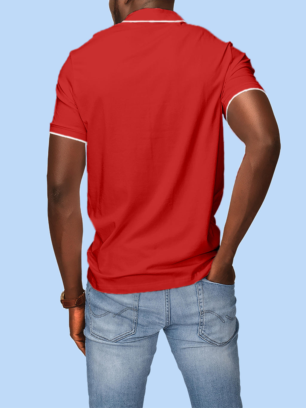 Back view of Fighterhero Men's Red Polo T-shirt, highlighting the modern look and clean finish