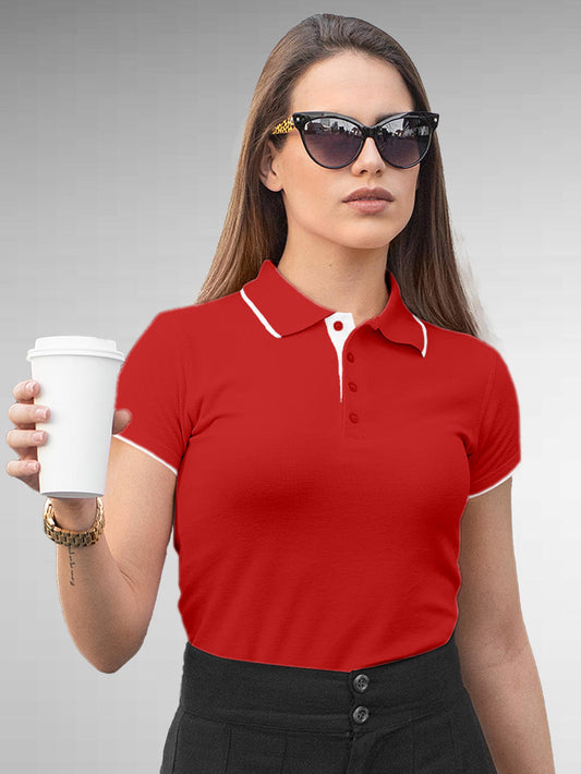 Model wearing Women's Plain Solid Red Polo T-shirt, offering effortless style and premium comfort