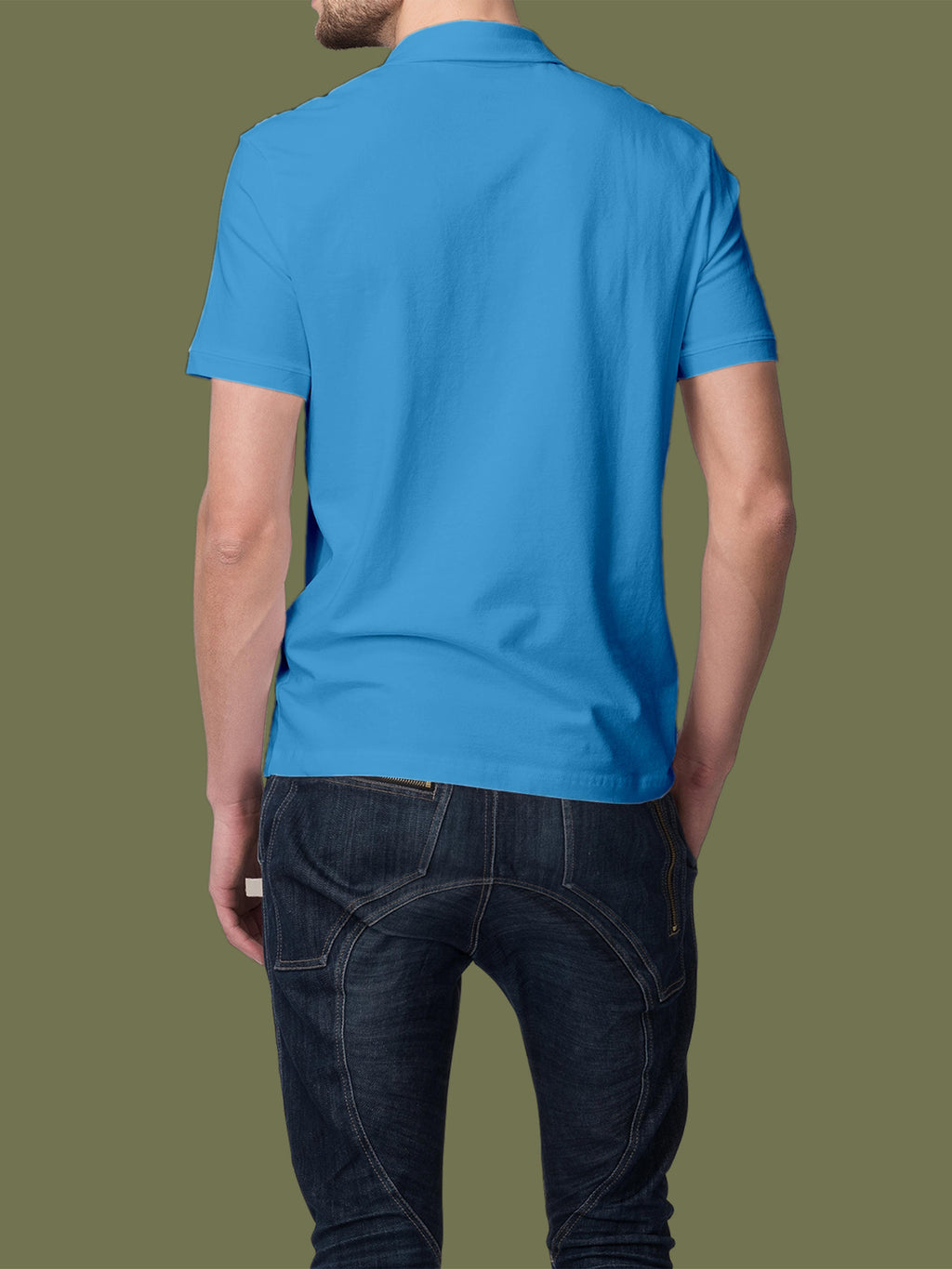 Back view of Fighterhero Men's Blue Polo T-shirt, highlighting the modern look and clean finish