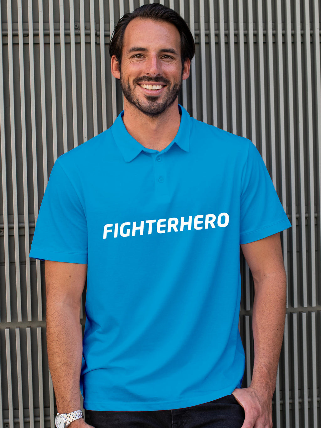 Model wearing Men's Blue Polo T-shirt with 'Fighterhero' design, offering effortless style and premium comfort