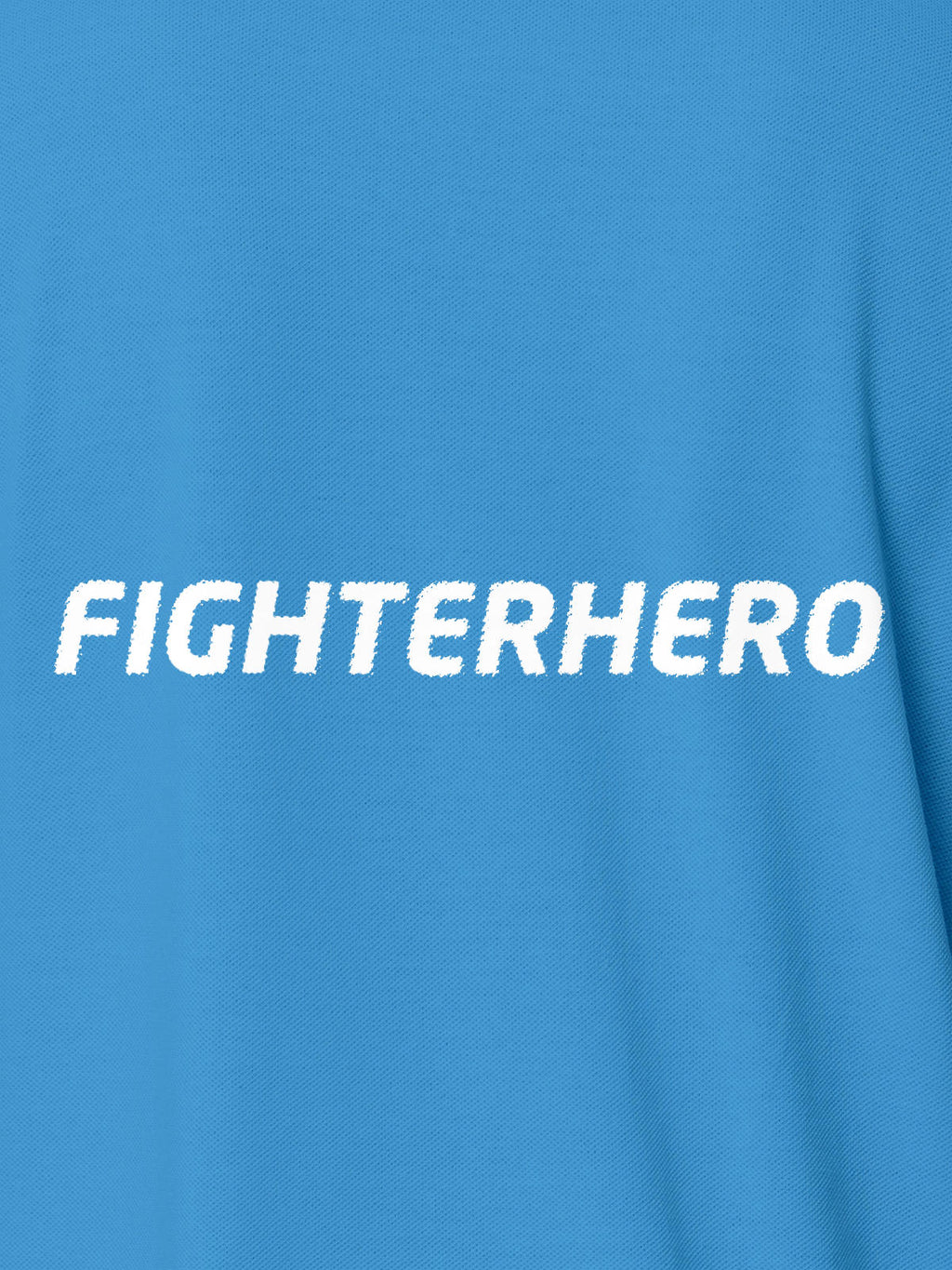Close up of 'Fighterhero' design on Men's Blue Polo T-shirt, highlighting intricate details and vibrant print.
