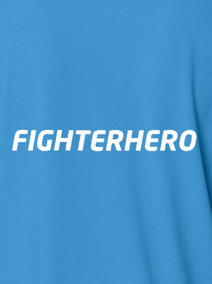 Close up of 'Fighterhero' design on Men's Blue Polo T-shirt, highlighting intricate details and vibrant print.