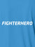 Close up of 'Fighterhero' design on Men's Blue Polo T-shirt, highlighting intricate details and vibrant print.
