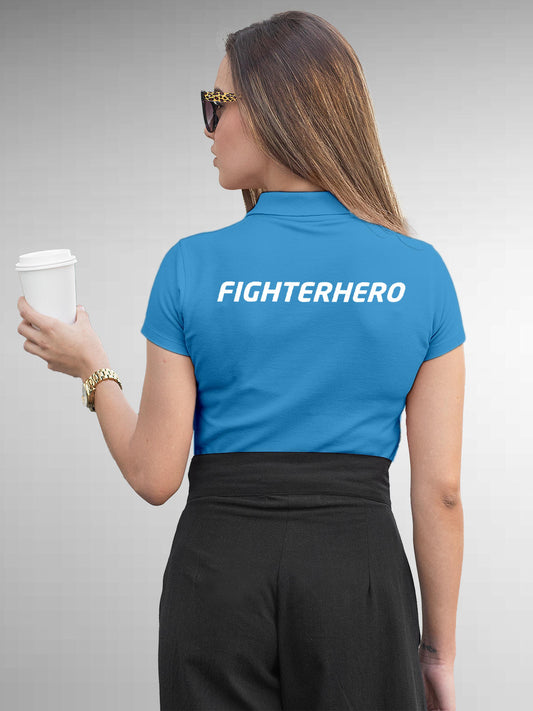 Model wearing Women's Blue Polo T-shirt with 'Fighterhero' design, offering effortless style and premium comfort