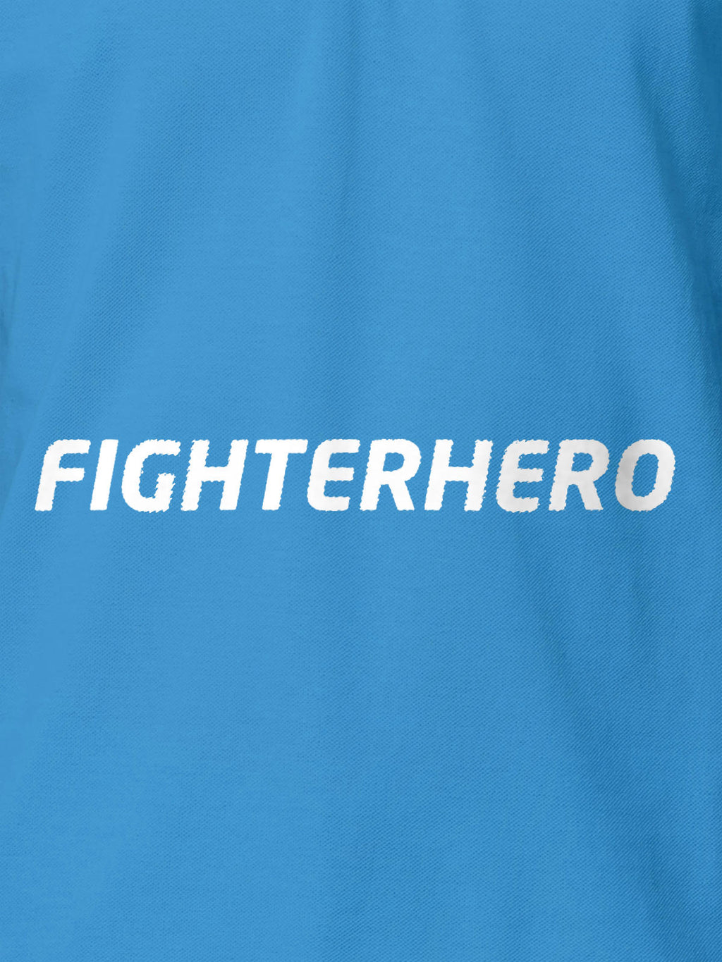 Close up of 'Fighterhero' design on Women's Blue Polo T-shirt, highlighting intricate details and vibrant print.